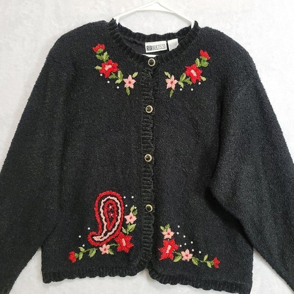 Vintage Russ Women's Button Front Sweater Cardigan Floral Pearls Black Size Lg - Picture 1 of 14